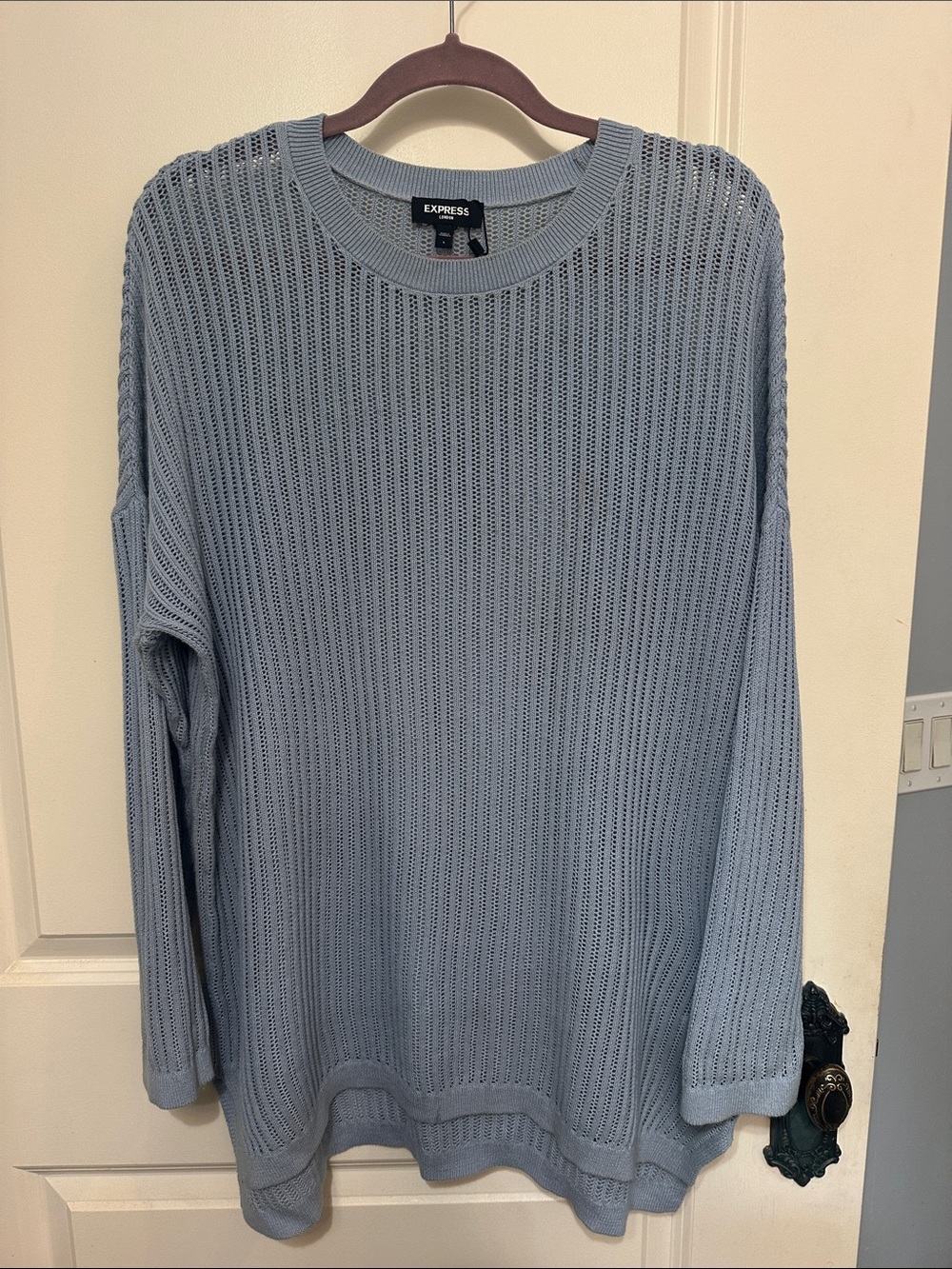 Express Women's Powder Blue Open-Knit Crewneck Sweater
